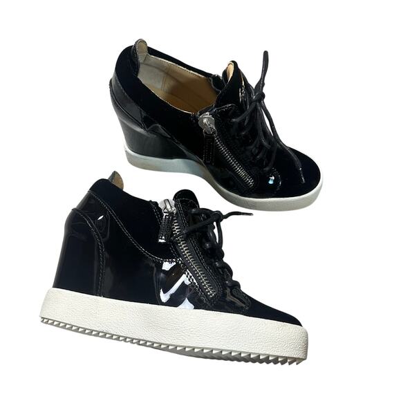 Giuseppe Zanotti Addy Wedge Sneaker Black Patent Leather / Velvet - Picture 2 of 11